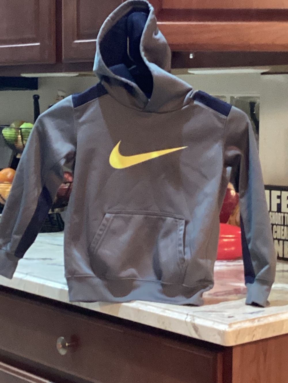 Nike Kids Gray Hoodie with Yellow Swoosh and Navy Accents